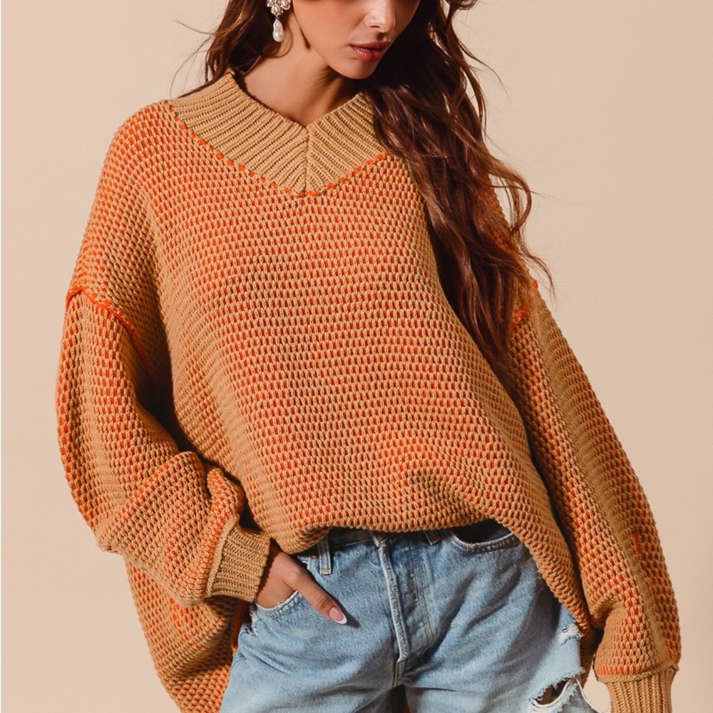 Cozy Knit Sweater in Orange and Tan